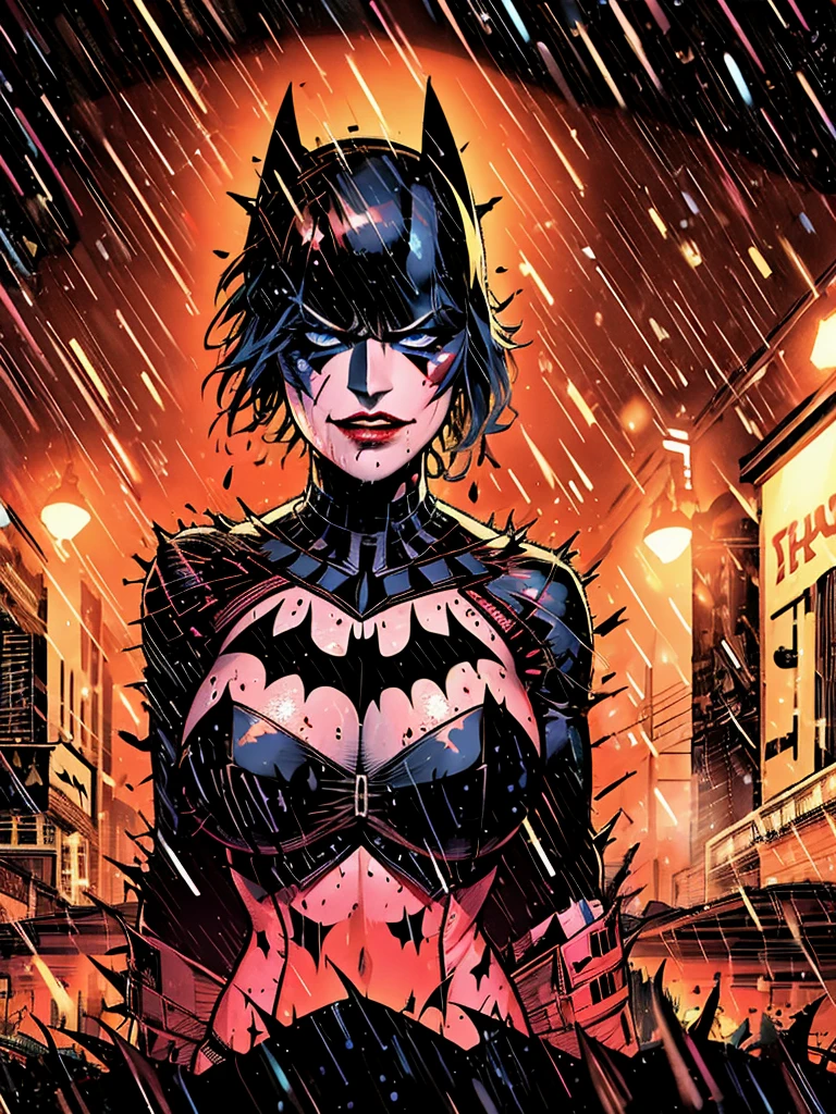 Harley Quinn, dressed in the Batman suit, stands confidently on the rain-soaked streets of Gotham City at night. The dark, wet pavement glistens under the intense downpour, highlighting the intricate details of her Batsuit. Her expression is stern, masked gaze fixed forward. A long, black cape billows behind her, flapping in the wind as she stands firm against the torrential rain. Neon lights from nearby signs and buildings cast an eerie glow, illuminating the dark atmosphere. The rain-soaked streets stretch out before her, leading into the distance with a sense of depth and perspective. Harley's drenched appearance adds to the gritty, dystopian ambiance.