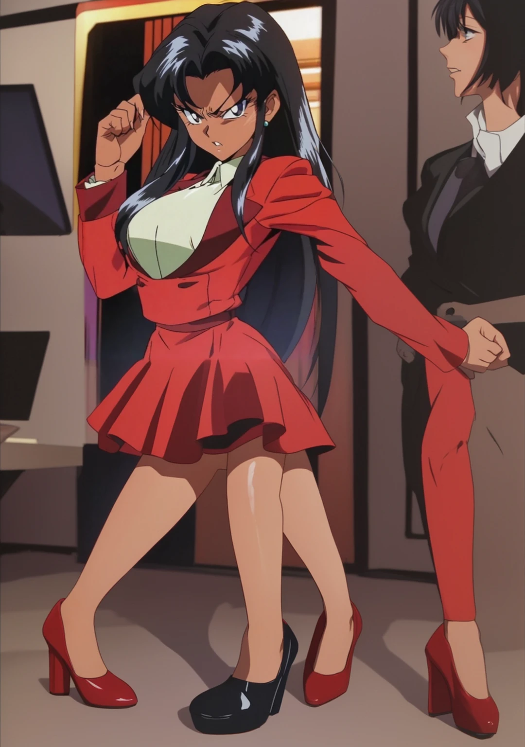 a woman with blue hair , Ai-Mitsu, anime art style, 
Sophine,1girl,black hair,longhair,blue eyes,red_lipasterpiece, best quality, highly detailed,breasts,skirt,cleavage,long hair,skirt
suit,suit,formal,jewelry,necklace,micro pencil skirt,jacket,smile,makeup,looking at viewer,business suit,
lipstick,office lady,mature female,micro miniskirt,indoor,office,office lady ,smile, open mouth, (nsfw) not
safe for work, holding a gun, evil expression, exposed belly, exposed navel, exposed midriff, exposed
lower belly , lipstick