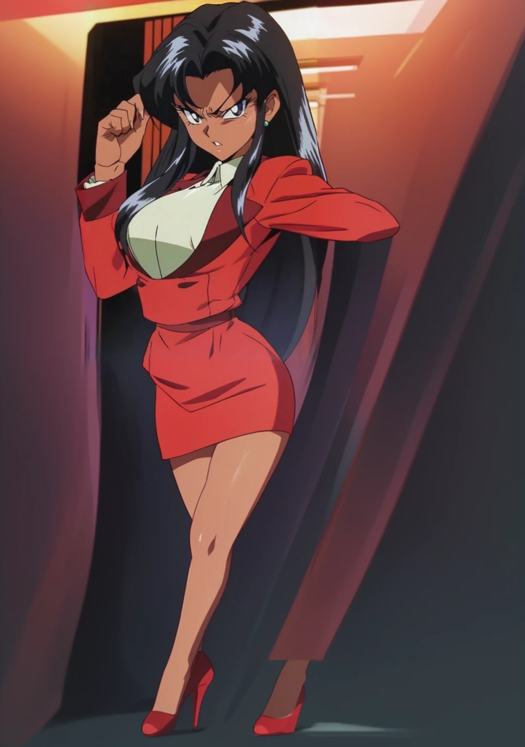 90s anime Evil black skinned business woman in a red suit and red skirt and red heels and long red sleeves