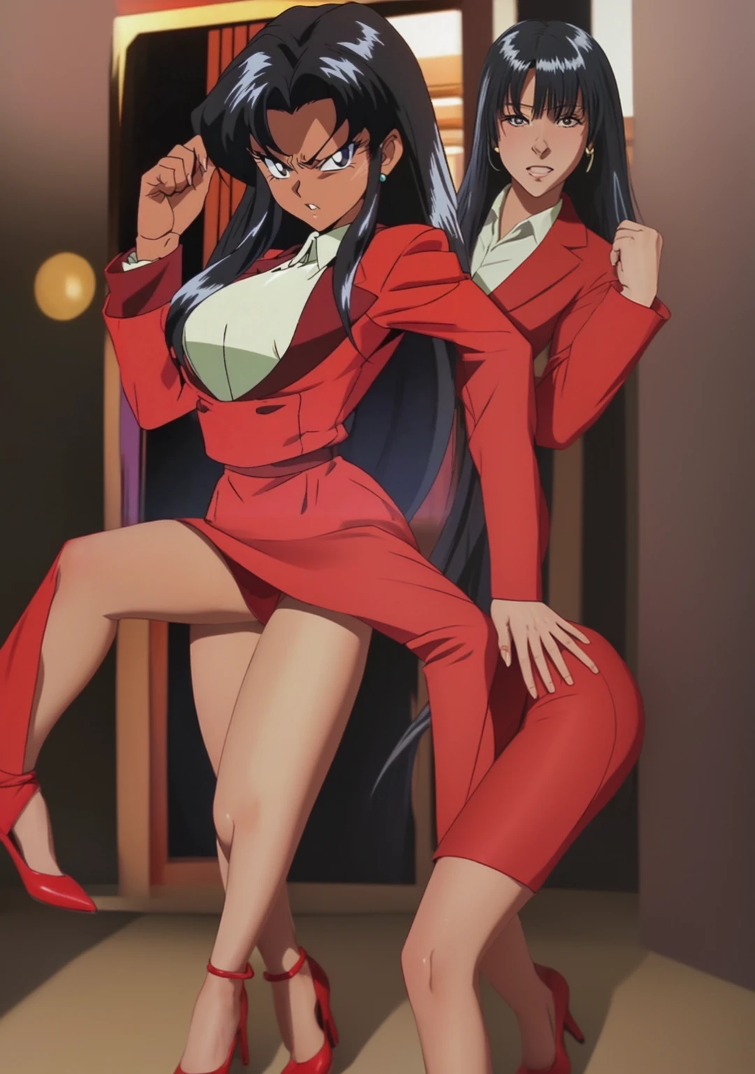 90s anime Evil black skinned business woman in a red suit and  red skirt and red heels and long red sleeves 