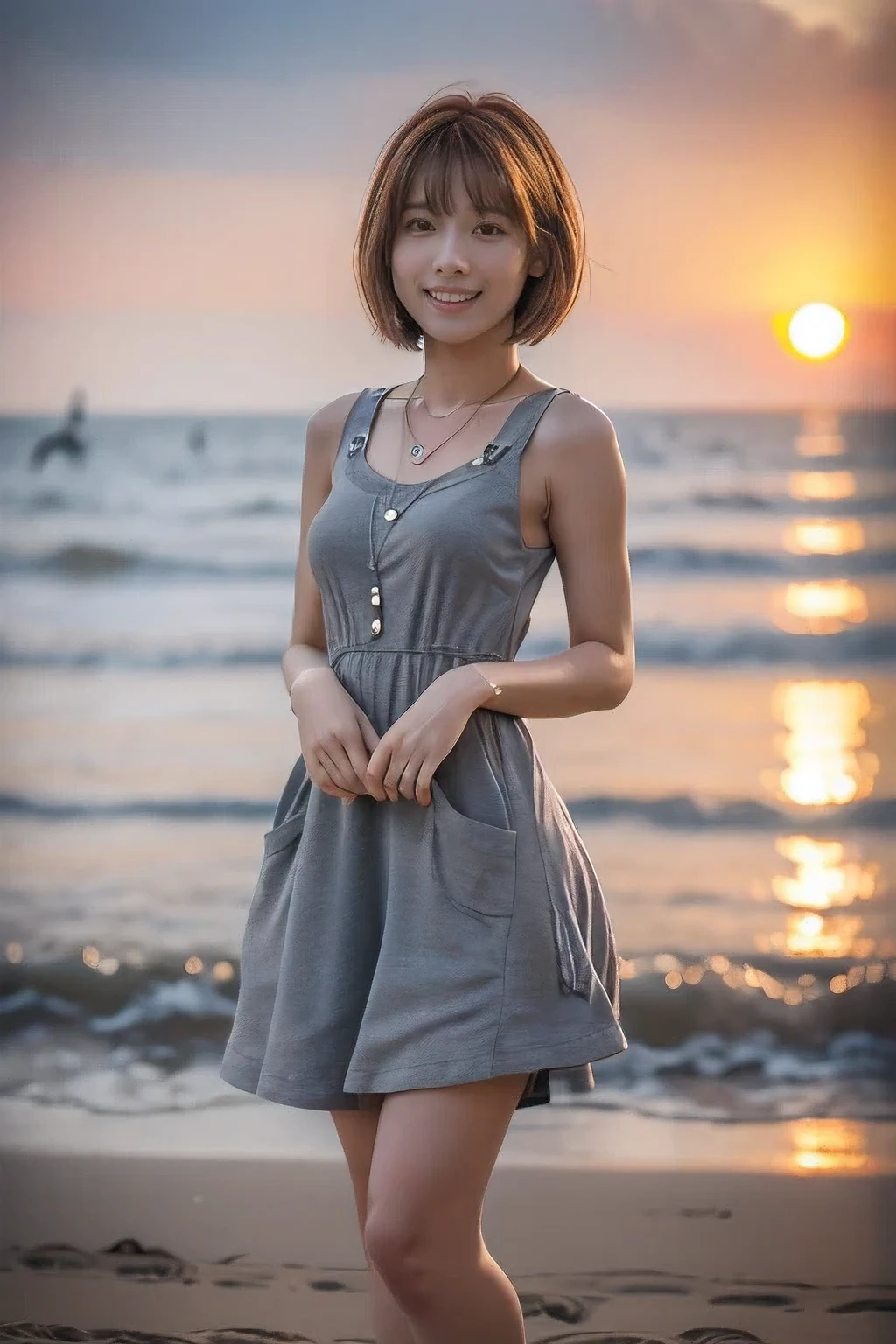(Standing on the beach watching the sunset:1.5)、(A kind smile:1.5)、(18-year-old female:1.5)、(The best quality at its best:1.4), (Super detailed), (Very detailed CG unified 16k), Beautiful woman with perfect figure: 1.4, Sharp focus: 1.2, Very detailed, High-quality RAW color photos, Professional photography, Great face and eyes, cosmetics, (Amazingly beautiful girl), ((Cute grey dress:1.5)), Realistic movie faces, Full body long view from head to toe, Realistic, ((Realistic natural orange red hairstyle)), ( Short Bob Hair:1.5), (necklace:1.5)、, Very beautiful face, Perfect model beauty, Mouth swelling, Highly detailed face and skin texture, Fine grain, double eyelid, Medium chest, (masterpiece), Highest quality, High resolution, Very detailed, Blurred Background, Depth of written boundary, Cinema Lighting, Great legs, , Clear, well-maintained skin,((Full body shot from head to toe:1.5))