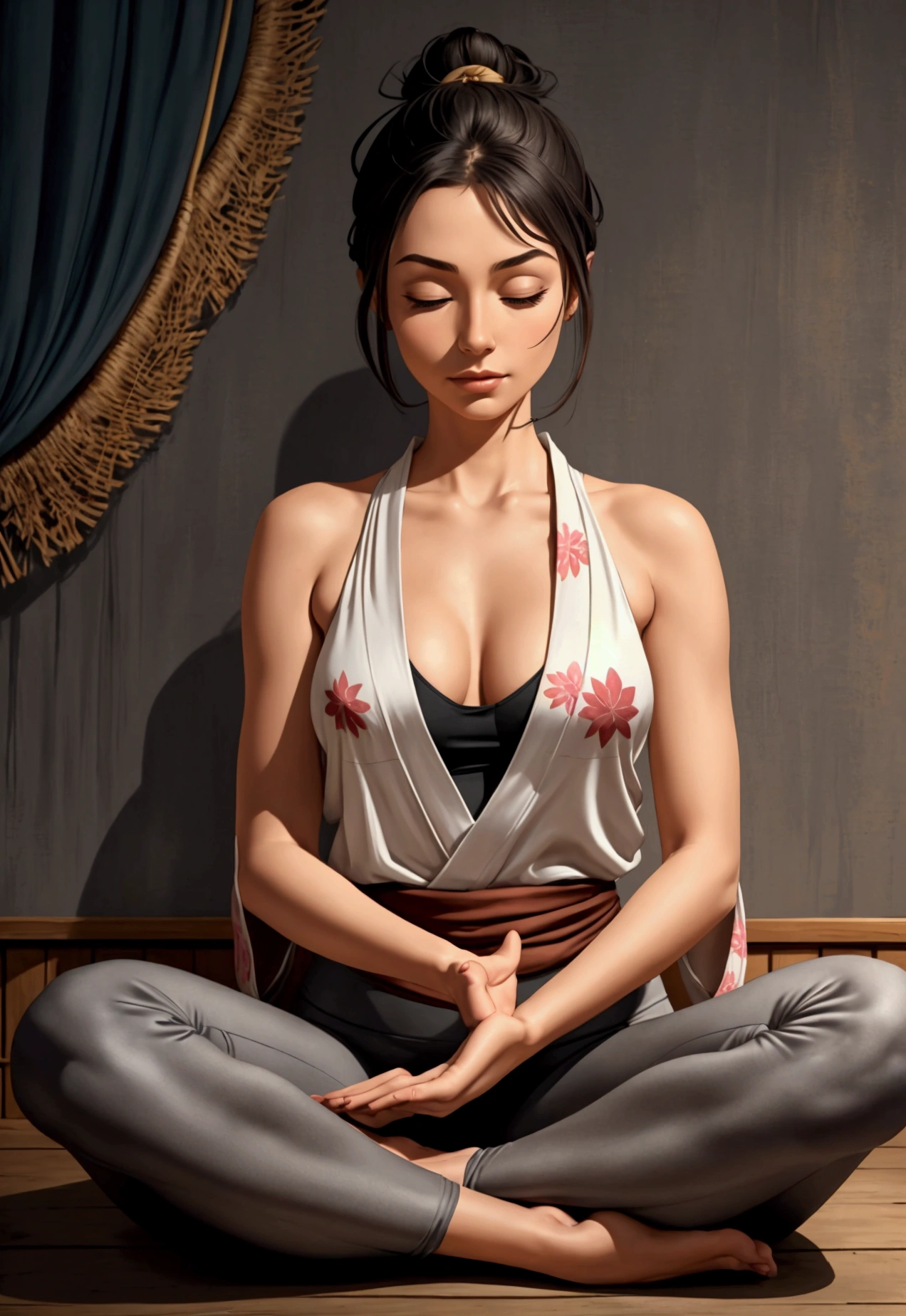 (Best quality,4K,8K,A high resolution,Masterpiece:1.2),Ultra-detailed,(Realistic,Photorealistic,photo-realistic:1.37),yoga pose,Meditating,Lotus position,praying pose,Sit Pose,Woman sitting,Cross your hands,serene illustration,peaceful scene,yoga meditation pose,praying pose,Meditate in Suhasana,Meditate with your legs crossed,Characters in natural poses,Lifelike artwork,Vivid colors,Soft lighting. Realism