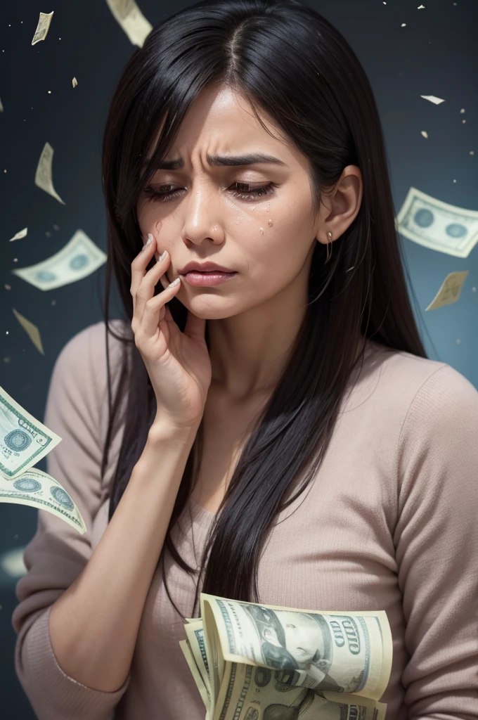 A woman sad about having little money, crying with torn currency notes in hands. Background, a beautiful galaxy of the universe