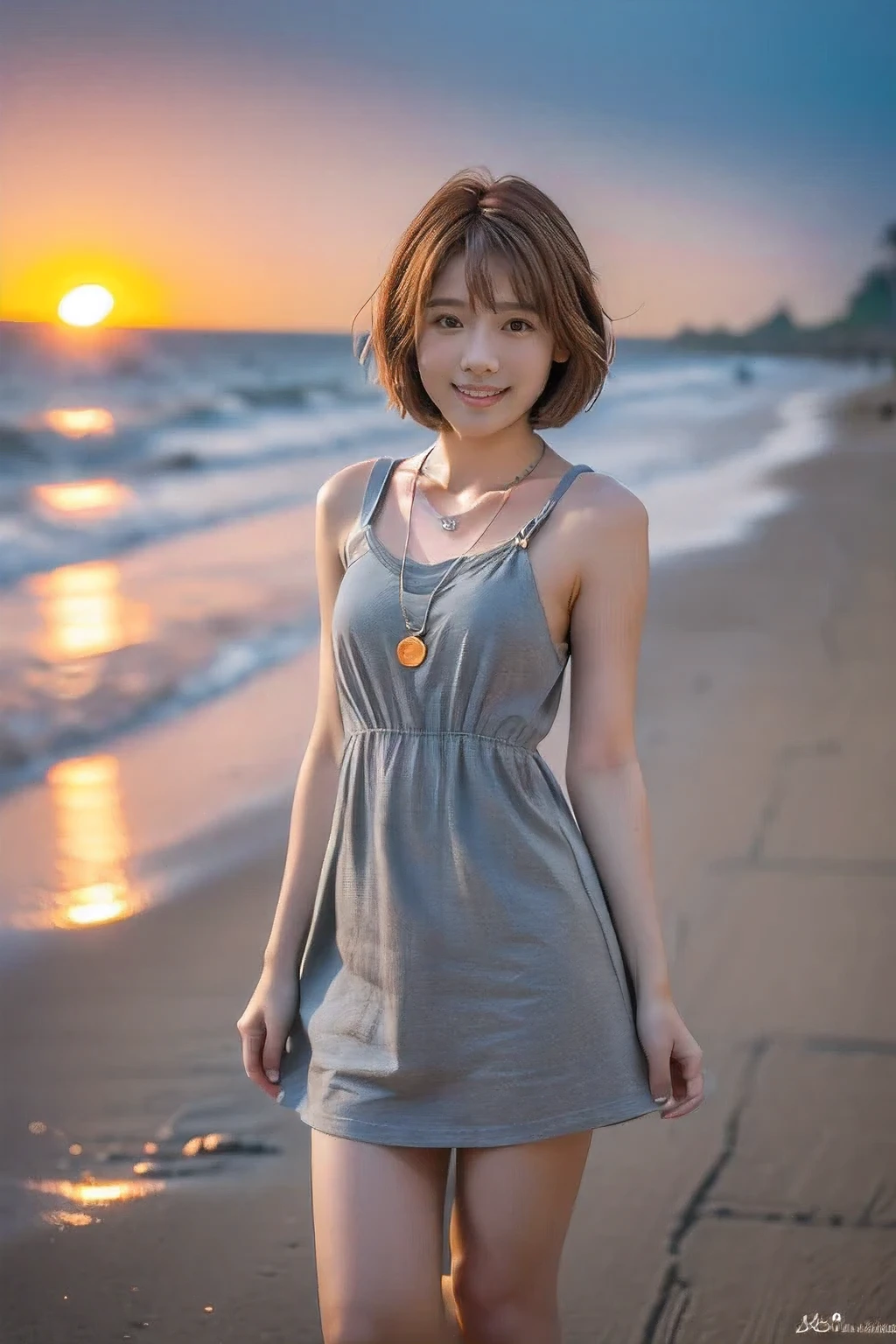 (Standing on the beach watching the sunset:1.5)、(A kind smile:1.5)、(18-year-old female:1.5)、(The best quality at its best:1.4), (Super detailed), (Very detailed CG unified 16k), Beautiful woman with perfect figure: 1.4, Sharp focus: 1.2, Very detailed, High-quality RAW color photos, Professional photography, Great face and eyes, cosmetics, (Amazingly beautiful girl), ((Cute grey dress:1.5)), Realistic movie faces, Full body long view from head to toe, Realistic, ((Realistic natural orange red hairstyle)), ( Short Bob Hair:1.5), (necklace:1.5)、, Very beautiful face, Perfect model beauty, Mouth swelling, Highly detailed face and skin texture, Fine grain, double eyelid, Medium chest, (masterpiece), Highest quality, High resolution, Very detailed, Blurred Background, Depth of written boundary, Cinema Lighting, Great legs, , Clear, well-maintained skin,((Full body shot from head to toe:1.5))