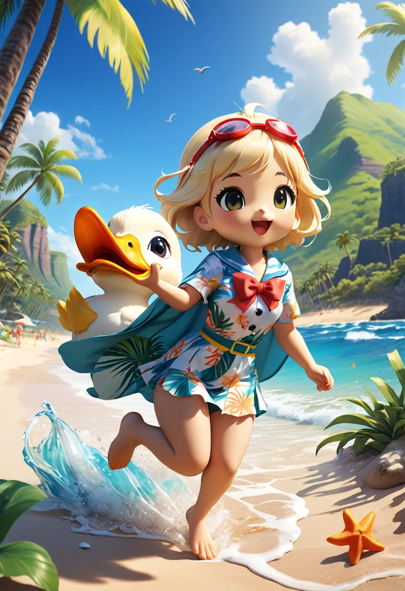 Esbian all over body、Cool white duck、Pop White Duck、Diorama、Simple Background、Snorkel、Aloha Shirt、tropical、Beach Background、Cape、Best Quality, Capture the cutest moments, Depth of written boundary, Super detailed, Ultra-high resolution, Octadale, 8k, 16km race
