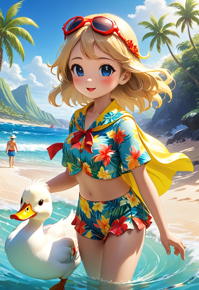 Esbian all over body、Cool white duck、Pop White Duck、Diorama、Simple Background、Snorkel、Aloha Shirt、tropical、Beach Background、Cape、Best Quality, Capture the cutest moments, Depth of written boundary, Super detailed, Ultra-high resolution, Octadale, 8k, 16km race