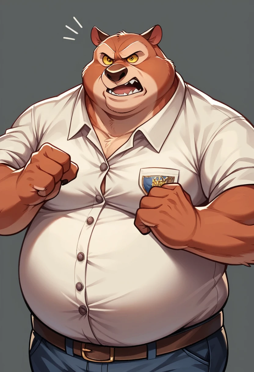 (Alone), (three headed wolf), adult male, ((masculine, furry, detailed eyes)), by dramamina:1.3, by disney, Obese, Gray background, button up, Cowboys, belt, Text balloons:1.5, correct hands, ultra detailed, pose natural, ((angry, arguing, bickering, ceñudo, eye contact:0.9)), barba, sitting in a recliner, yellow eyes