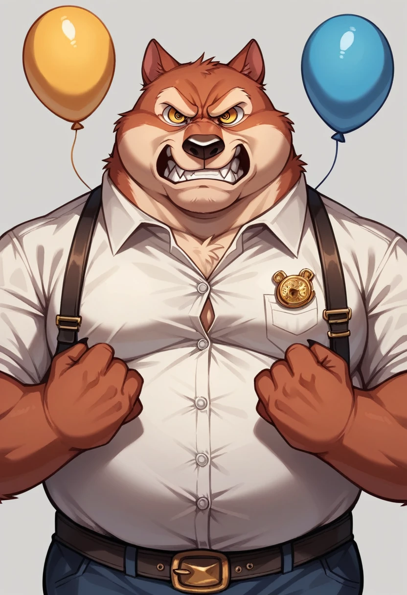 (Alone), (three headed wolf), adult male, ((masculine, furry, detailed eyes)), by dramamina:1.3, by disney, Obese, Gray background, button up, Cowboys, belt, Text balloons:1.5, correct hands, ultra detailed, pose natural, ((angry, arguing, bickering, ceñudo, eye contact:0.9)), barba, sitting in a recliner, yellow eyes