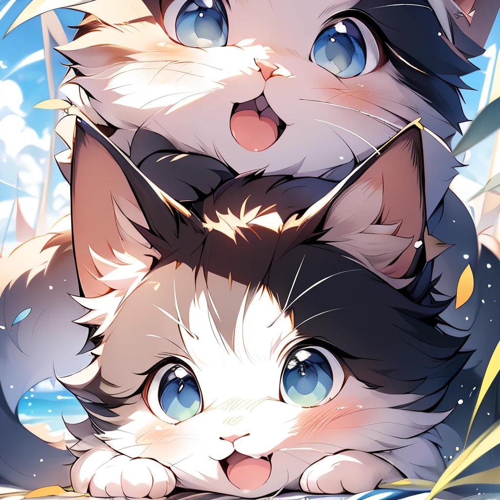 ,(masterpiece:1.2, high quality),
no one〜do not have, Couple cats, :3, animal, Displaying the viewer, Open your mouth, Sky background with a rainbow, smile,irritating,Stupid cute