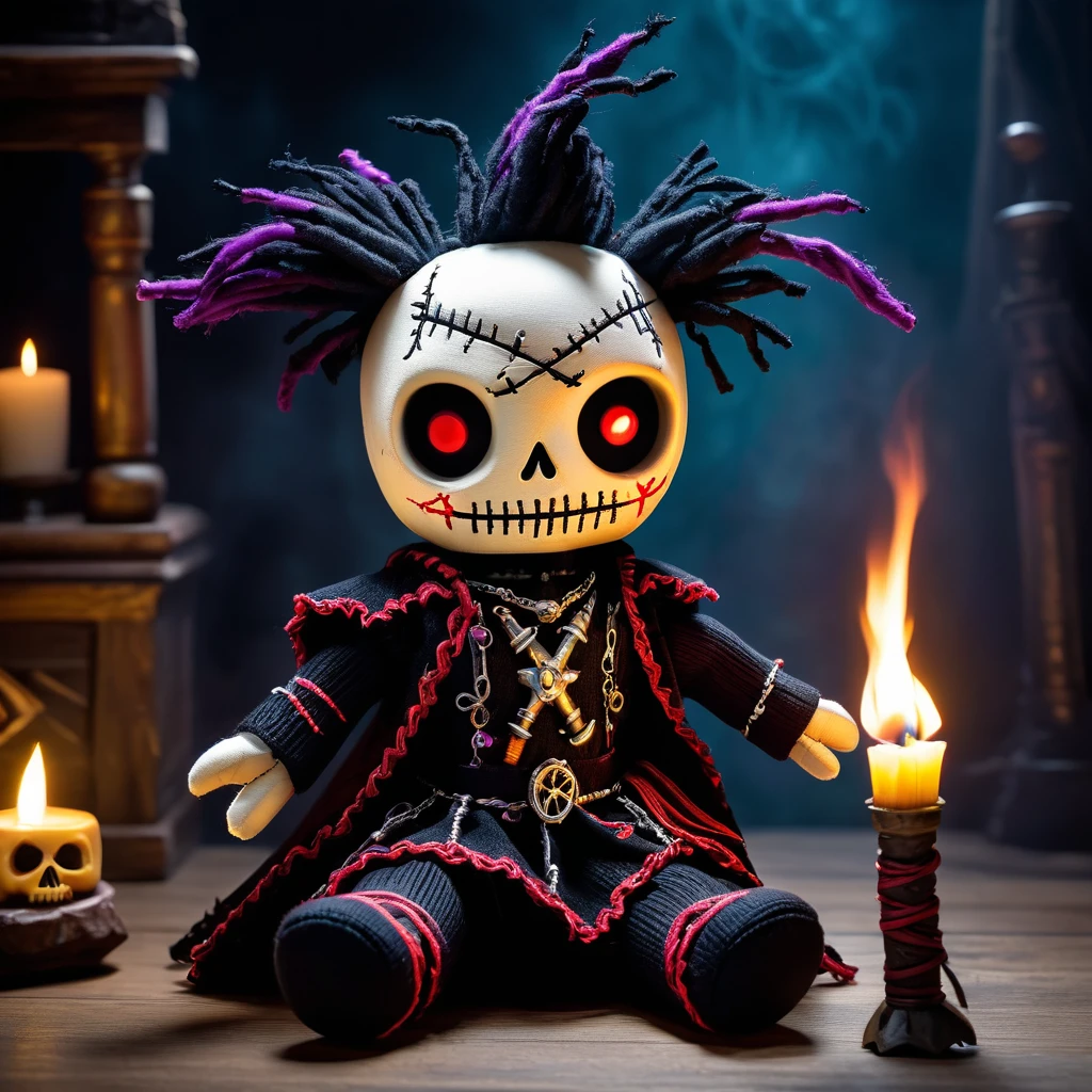 (knitted toy voodoo doll:1.5), (Voodoo Sinister Phantom Lord:1.3), (Clothing: tattered noble attire with dark runes:1.0), (Accessories: enchanted scepter emitting a ghostly glow, floating spectral knights:1.1), (background: dark, haunted castle with flickering torches, echoing footsteps, and an atmosphere of aristocratic terror:1.2), best quality, masterpiece, detailed soft oil painting, detailed background, dramatic cinematic lighting, soft edge lighting, professional, dramatic lighting, hard edge lighting, ultra quality, 4k, masterpiece, best quality, 8k, ultra high definition, high resolution, extremely detailed