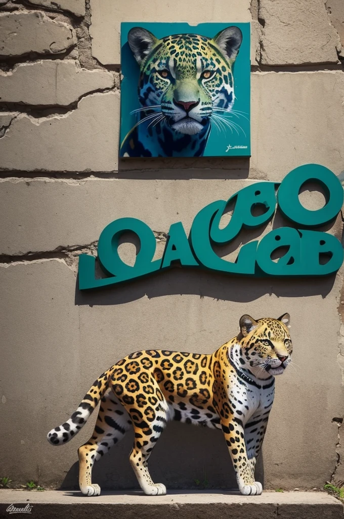 Make a jaguar, as art on a wall along with other animals from the Brazilian fauna, very colorful