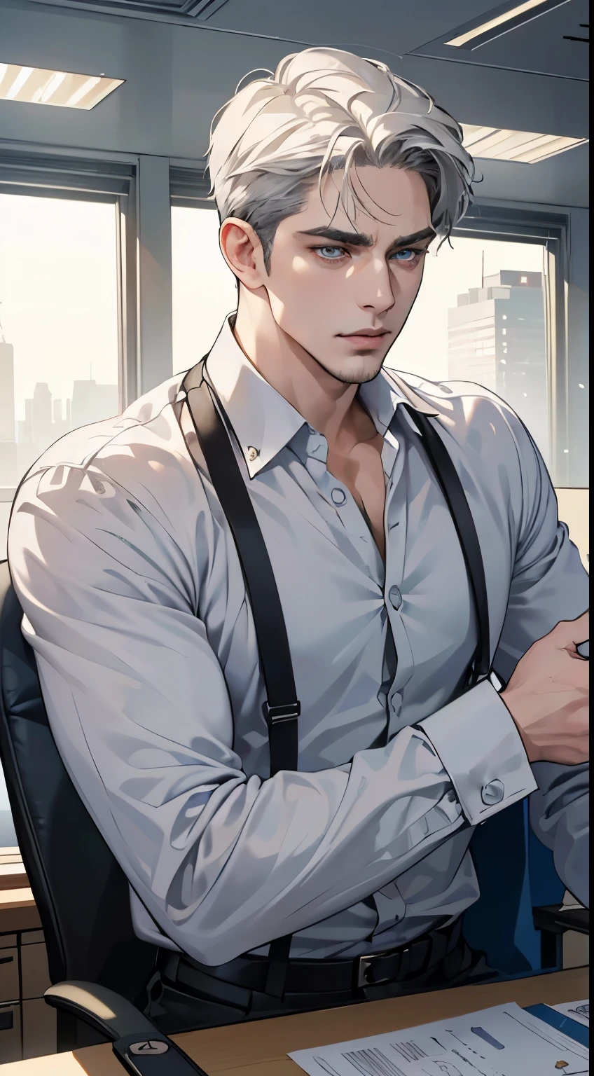 (best quality, masterpiece, 8K, photorealistic, cinematic lighting, hdr image, ultra detailed, beautiful image), 1 man, 31 years old, mature man, very handsome, (without expression, serious), short white hair, blue grey eyes ( penetrating gaze), perfect face without errors, imposing posture, without errors, businessman, office background