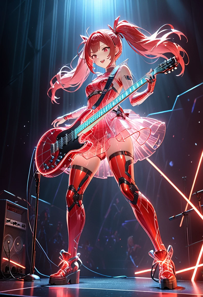 Ultra-high resolution 3D CG concept art.a beautiful female android with red twin-tail hair, a Red translucent body, doll-like expression, playing an electric guitar and singing into a microphone on a live stage filled with excitement, her body connected by red and white tubes that stretch from the stage, a Red glow emanating from the guitar, ultra-detailed, ultra-high resolution, masterpiece, best quality, 16k, ultra-fine painting, cinema lighting, physically based rendering, professional photography、neon sign、noc-wfhlgr