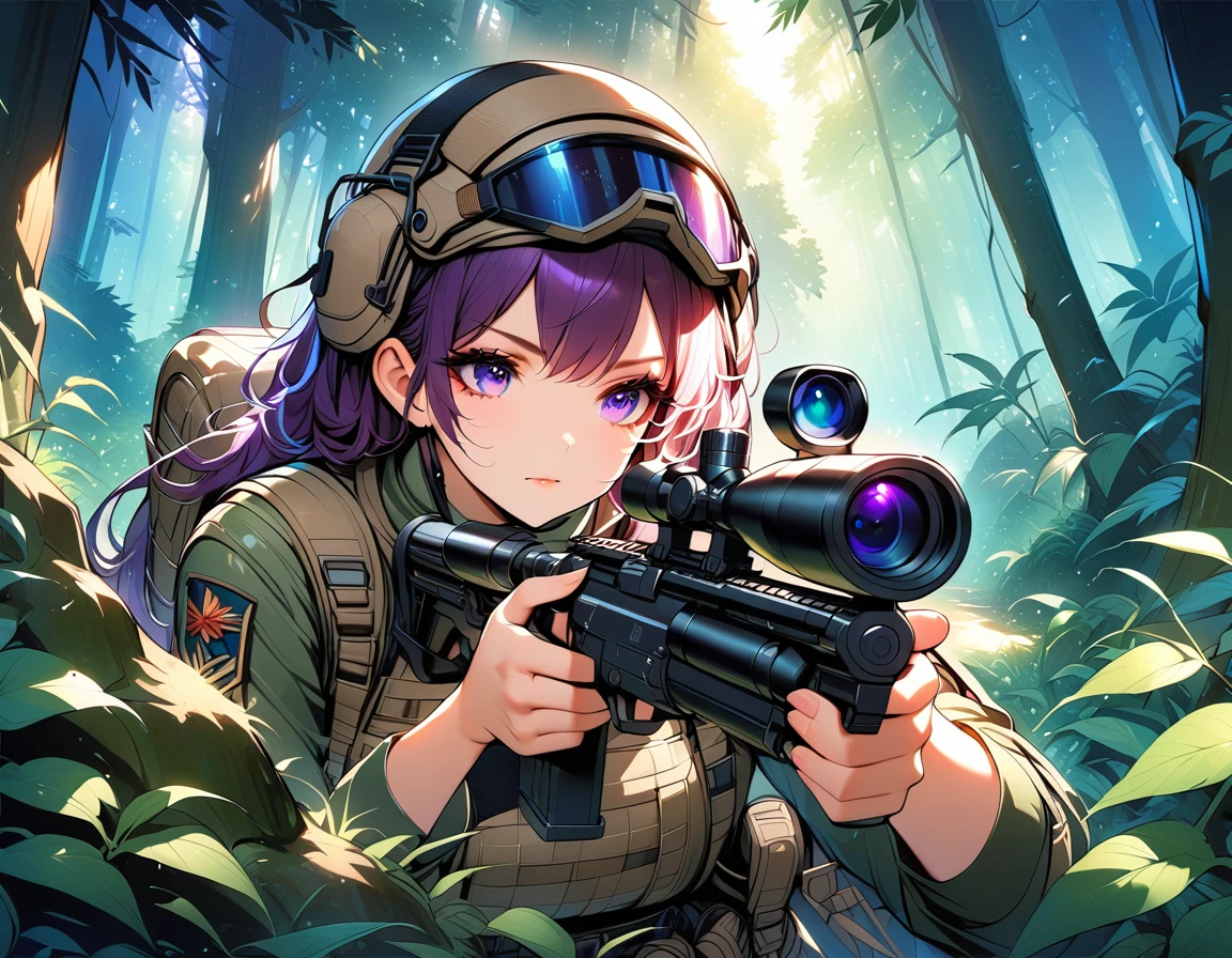 A female sniper hiding behind a rock, Intricate details, Highly detailed military uniform, Delicate face, beautiful eyes, Long eyelashes, Determine the expression, Holding, In a forest environment, Sunlight through the trees, light, Vibrant colors, Drama, masterpiece,aim