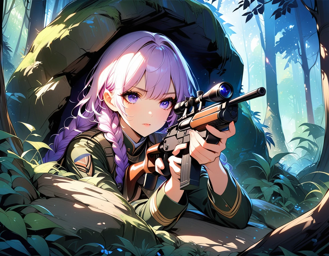 A female sniper hiding behind a rock, Intricate details, Highly detailed military uniform, Delicate face, beautiful eyes, Long eyelashes, Determine the expression, Holding, In a forest environment, Sunlight through the trees, light, Vibrant colors, Drama, masterpiece,aim
