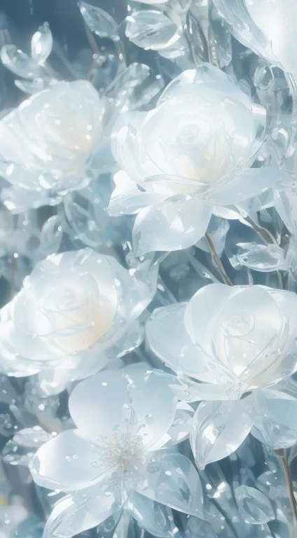 Broken glass、Rainy landscape、It rains quietly、style、Raindrops are visible、Shutter Speed 1/1000、Highest quality、masterpiece、Awareness-raising、Very delicate and beautiful、Very detailed、CG、Unite、8k wallpaper、Amazing、Exquisite detail、masterpiece、Highest quality、Official Art、Very detailed CG Unity 8K 壁紙、
A soft and gentle gradation of white and transparent、The edges are out of focus。Crystal Rose Flower、Many small flowers。、