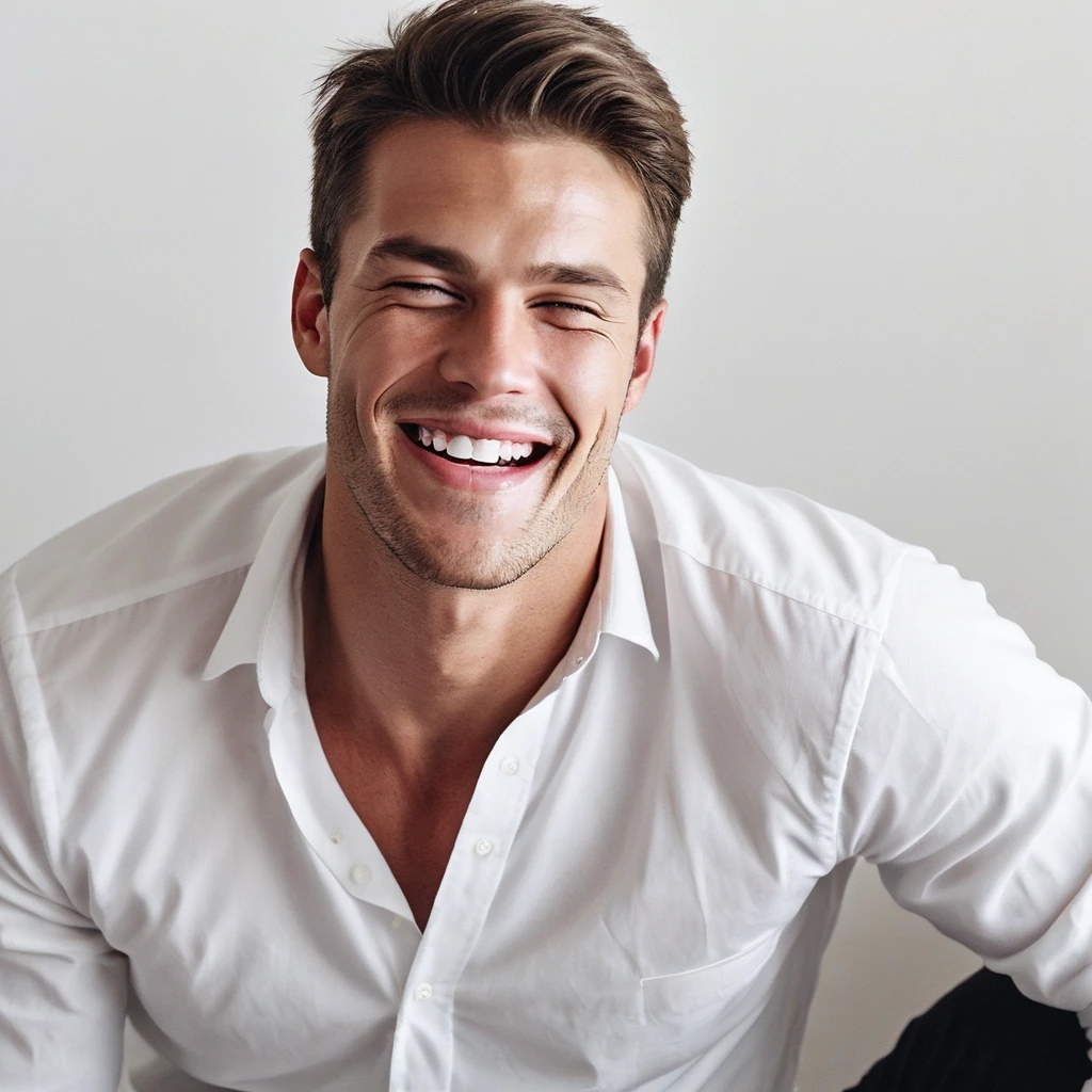 1 handsome man, Wearing a white button-up shirt, detailed, Hot Bromance,Mouth closed,smile