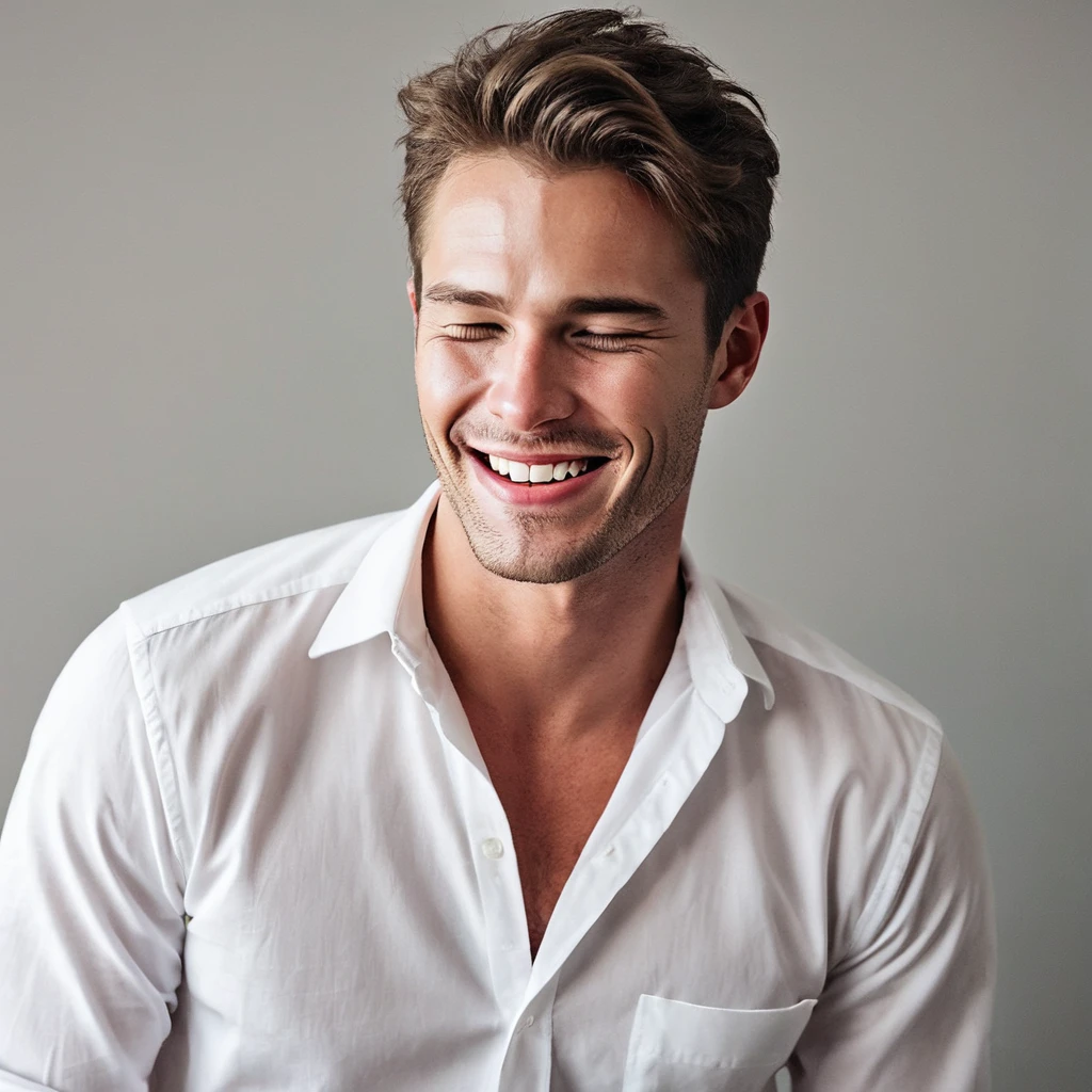 1 handsome man, Wearing a white button-up shirt, detailed, Hot Bromance,Mouth closed,smile