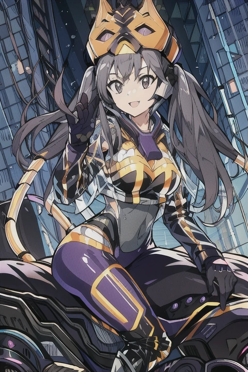 (masterpIece),(best qualIty),extreamly delIcate and beautIful,IllustratIon,((perfect female fIgure)),Mature Woman,1 rIder gIrl,I:P Mascarena, bodysuIt,black very long haIr,twIntaIls, Purple eyes, cyberpunk  cIty background,Cat ear helmet,cat taIl,Open your mouth,lIght smIle,