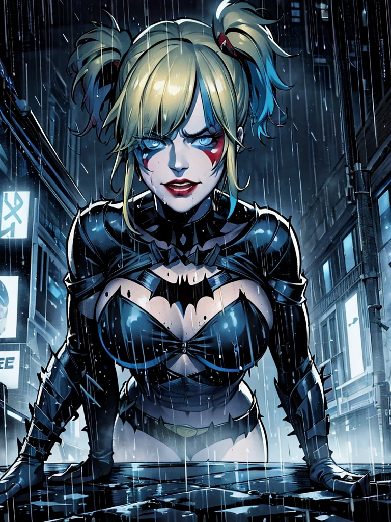 Harley Quinn, dressed in the Batman suit, stands confidently on the rain-soaked streets of Gotham City at night. The dark, wet pavement glistens under the intense downpour, highlighting the intricate details of her Batsuit. Her expression is stern, masked gaze fixed forward. A long, black cape billows behind her, flapping in the wind as she stands firm against the torrential rain. Neon lights from nearby signs and buildings cast an eerie glow, illuminating the dark atmosphere. The rain-soaked streets stretch out before her, leading into the distance with a sense of depth and perspective. Harley's drenched appearance adds to the gritty, dystopian ambiance.