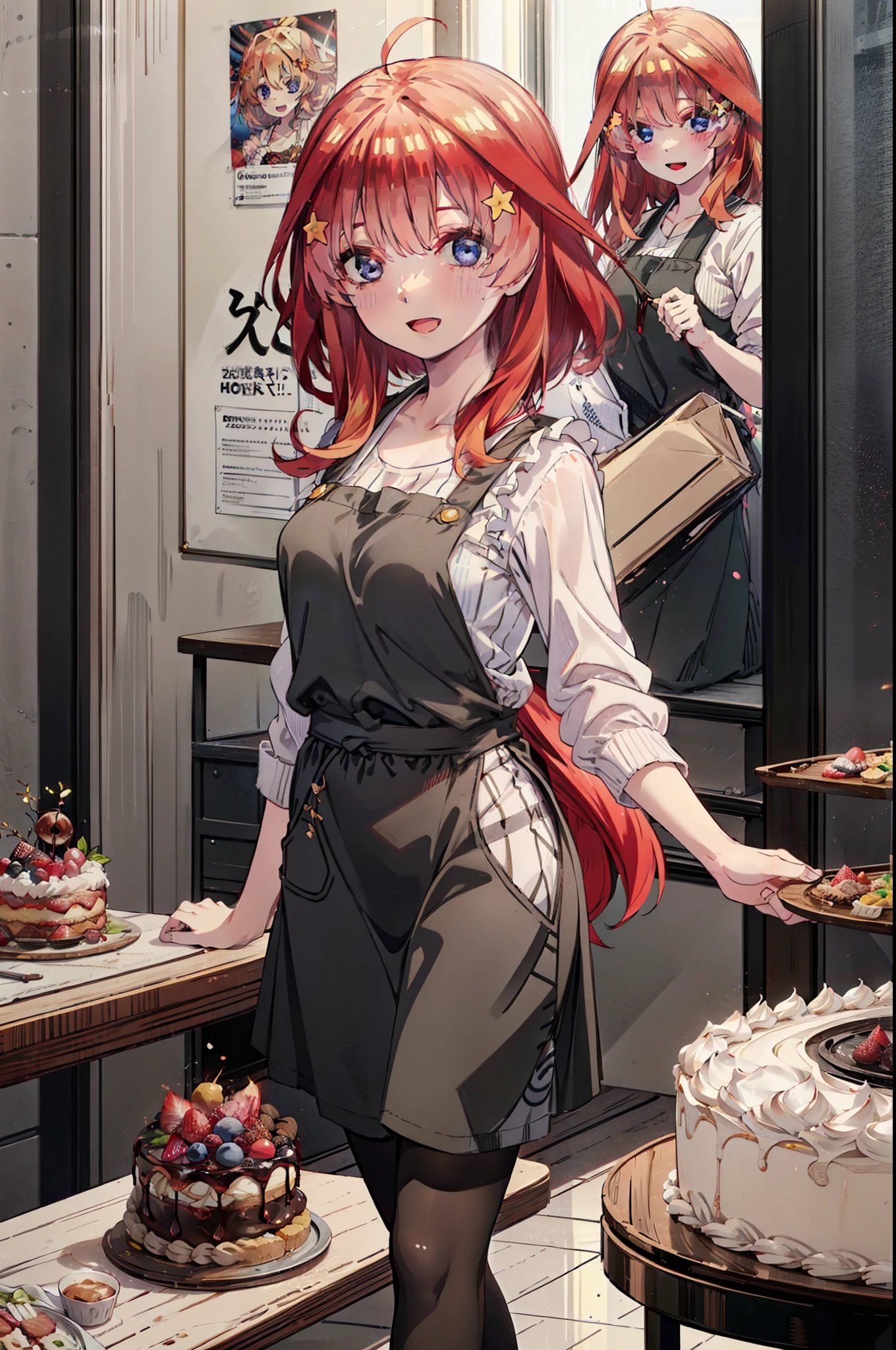 itsukinakano, Itsuki Nakano, bangs, blue eyes, Hair between the eyes, Ahoge, Redhead, star \(symbol\), hair ornaments,happy smile, smile, Open your mouth,cracker, star hair ornaments,Red Tank Top,Long skirt,Black pantyhose,apron,Walking,There is food and a birthday cake on the table,whole bodyがイラストに入るように,
break indoors, room,
break looking at viewer,whole body,
break (masterpiece:1.2), Highest quality, High resolution, unity 8k wallpaper, (figure:0.8), (Beautiful attention to detail:1.6), Highly detailed face, Perfect lighting, Highly detailed CG, (Perfect hands, Perfect Anatomy),
