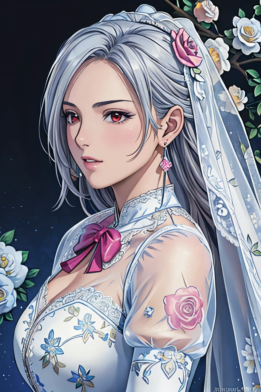 (​masterpiece, top-quality, top-quality, Official art, Beautifully Aesthetic:1.2), red eyes, (highest quality, masterpiece painting:1.3), mature woman, , (half body shot), masterpiece, ultra high resolution, (((bridal veil, lace-trimmed blue dress, see-through, blue wedding dress, outdoors, white roses, (long sleeves:1.2), pink bow,))), Decorative panel, abstract art, (shot from a side angle), (Photoreal:1.0), ((light silver hair)),straight hair, beautiful shining hair, white and shining skin, Painterly, sketch, Texture, 超A high resolution, solo, Beautuful Women, A highly detailed, (Fractal Art:1.1), (colourfull:1.1), (florals:1.6), The most detailed, (Zentangle:1.2), (Dynamic Poses), (Abstract background:1.3), (shinny skin), (Many colors:0.8), (earrings:1.4), (pluma:0.9), Taisho romance,