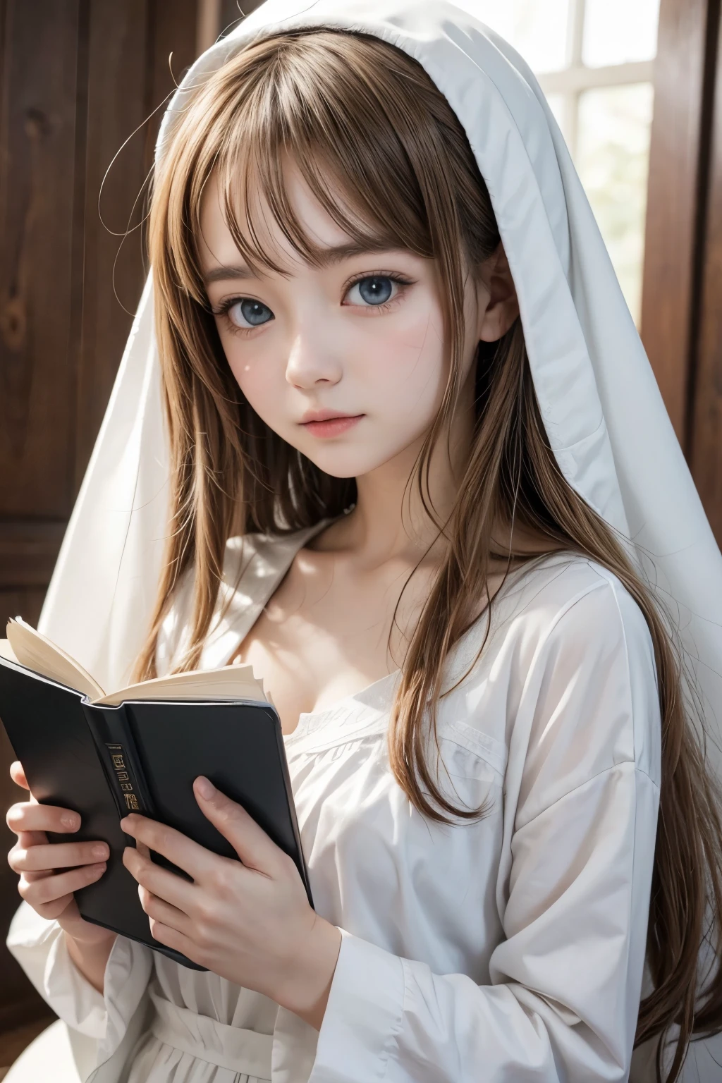 Drawing anime girl in white with bible in her hand 