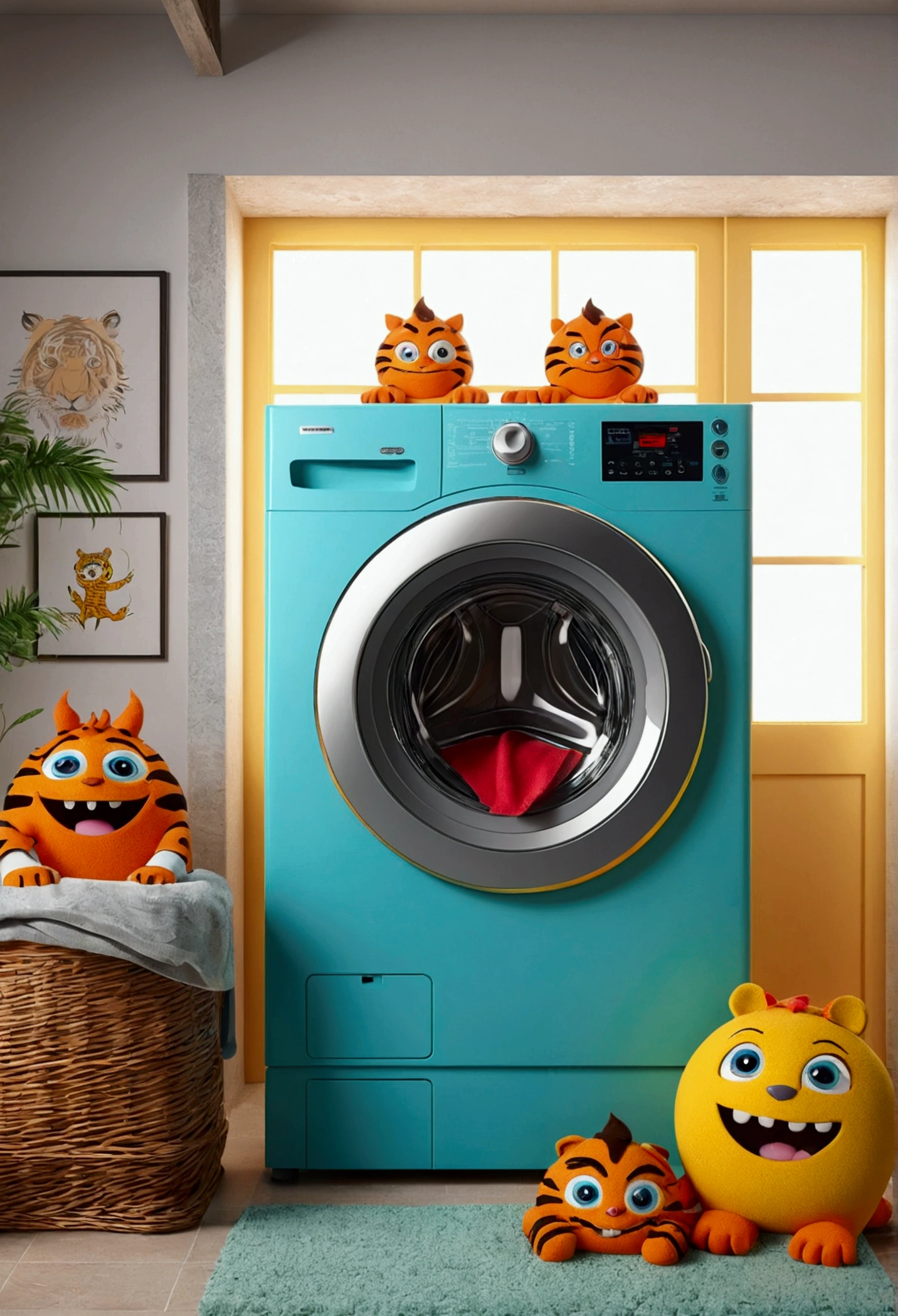 (design of character),monster washing machine with enthusiasm and joy while standing in front of a laundry, anthropomorphic sun, Mattresses are tiger, smiling, big shiny eyes, Fantastic,Eccentric,similar to a fairy tale, super detailing, pixel style, vibrant with colors, soft natural light, solid color backdrop, 5-octane rendering, a gorgeous, Ultra Wide Angle, 8k, high realism, 8k