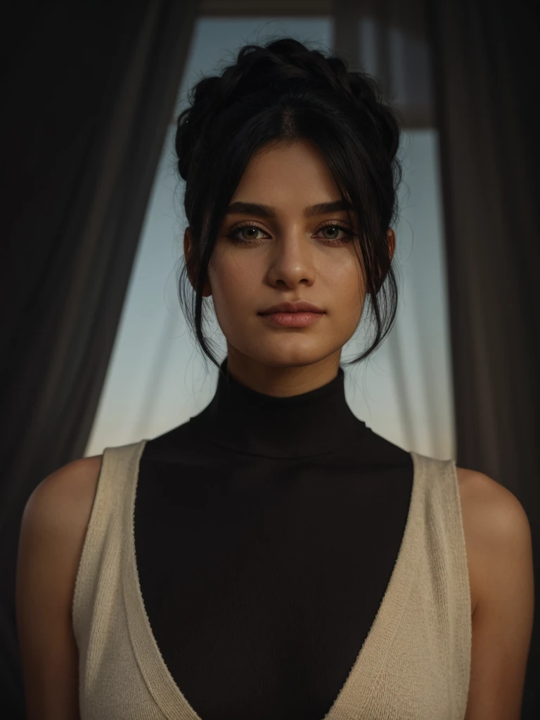 Best quality, masterpiece, ultra high res, (photorealistic:1.5), raw photo, 1 mature Ancient Egyptian girl, black sleeveless turtleneck, wide shoulders, in the dark, deep shadow, low key, cold light, sexy look, black Cleopatra's hair (((black hair))), bright eyes, yin sanpaku eyes, eyeshadow, (((plain beige background))), cinematic studio lighting