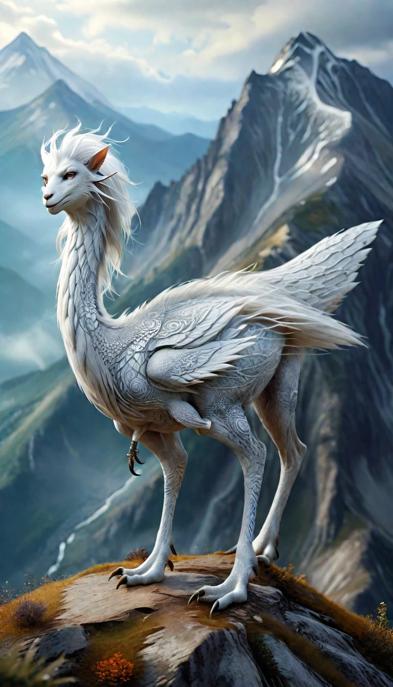 There is a creature on the mountain，human face，White hair，three legs（best quality，4K，8k，High level，masterpiece：1.2），Ultra Detailed，（lifelike，Photo real，Photo real：1.37），Highly detailed animals，Complex patterns，Realistic lighting，Fantasy Creatures