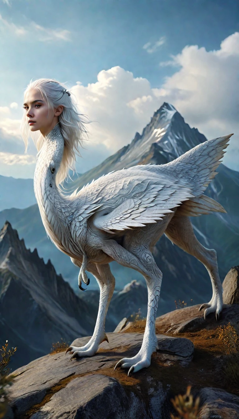 There is a creature on the mountain，human face，White hair，three legs（best quality，4K，8k，High level，masterpiece：1.2），Ultra Detailed，（lifelike，Photo real，Photo real：1.37），Highly detailed animals，Complex patterns，Realistic lighting，Fantasy Creatures