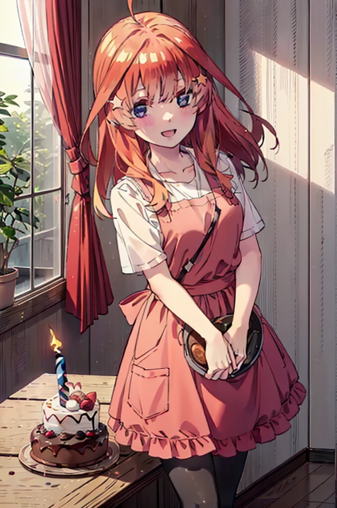 itsukinakano, Itsuki Nakano, bangs, blue eyes, Hair between the eyes, Ahoge, Redhead, star \(symbol\), hair ornaments,happy smile, smile, Open your mouth,cracker, star hair ornaments,Red Tank Top,Long skirt,Black pantyhose,apron,Walking,There is food and a birthday cake on the table,whole bodyがイラストに入るように,
break indoors, room,
break looking at viewer,whole body,
break (masterpiece:1.2), Highest quality, High resolution, unity 8k wallpaper, (figure:0.8), (Beautiful attention to detail:1.6), Highly detailed face, Perfect lighting, Highly detailed CG, (Perfect hands, Perfect Anatomy),