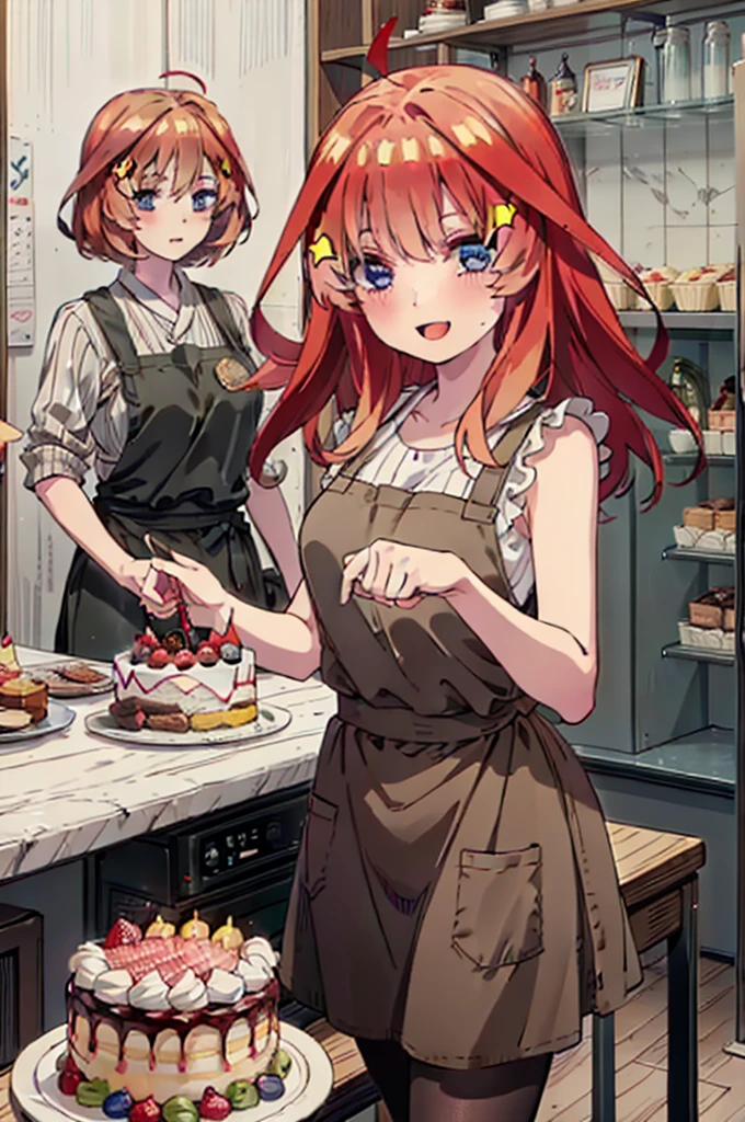 itsukinakano, Itsuki Nakano, bangs, blue eyes, Hair between the eyes, Ahoge, Redhead, star \(symbol\), hair ornaments,happy smile, smile, Open your mouth,cracker, star hair ornaments,Red Tank Top,Long skirt,Black pantyhose,apron,Walking,There is food and a birthday cake on the table,whole bodyがイラストに入るように,
break indoors, room,
break looking at viewer,whole body,
break (masterpiece:1.2), Highest quality, High resolution, unity 8k wallpaper, (figure:0.8), (Beautiful attention to detail:1.6), Highly detailed face, Perfect lighting, Highly detailed CG, (Perfect hands, Perfect Anatomy),