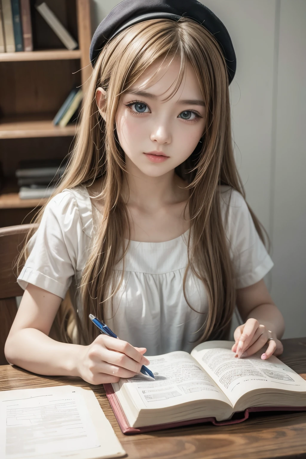 Drawing anime girl in white with bible in her hand
