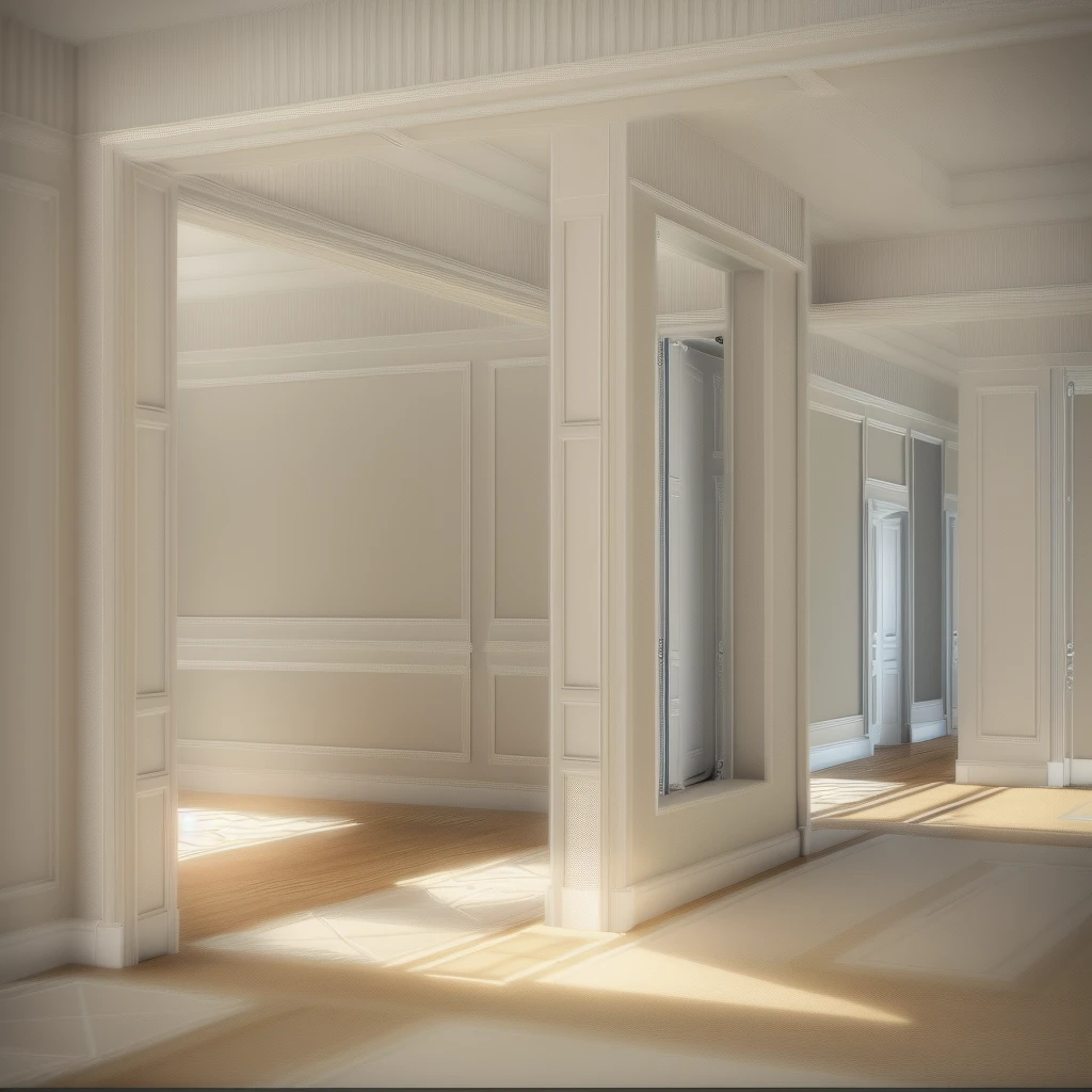 a drawing of a room with a door and a window, high detail 3 d render, in style of 3d render, an ambient occlusion render, ambient occlusion render, very detailed render, bw 3 d render, highly detailed interior, high detail render, raytraced 3d set design, highly detailed render, highly detailed 3d render