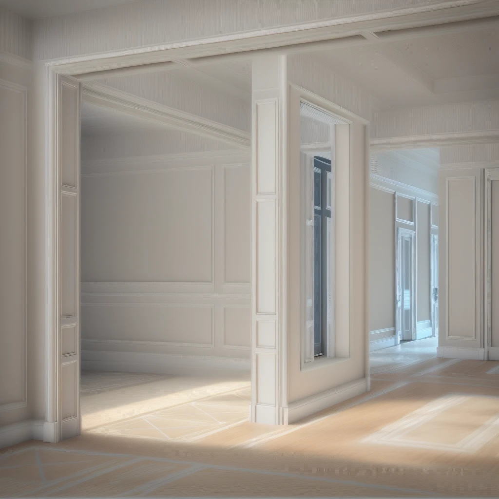 a drawing of a room with a door and a window, high detail 3 d render, in style of 3d render, an ambient occlusion render, ambient occlusion render, very detailed render, bw 3 d render, highly detailed interior, high detail render, raytraced 3d set design, highly detailed render, highly detailed 3d render