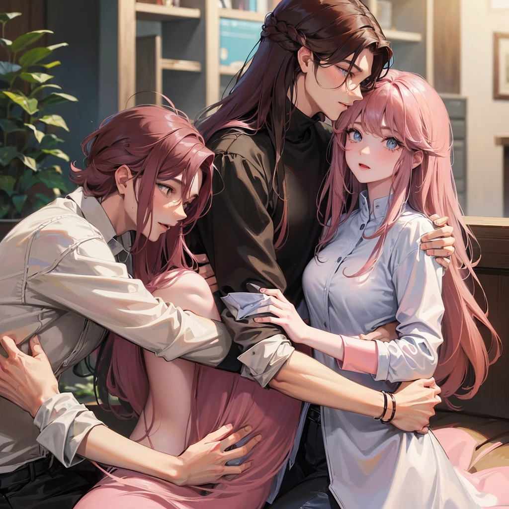 (man, black hair, medium hair, brown eyes, close to the woman)(woman, long wavy hair, pink hair, blue eyes, hugging the man) two people, couple