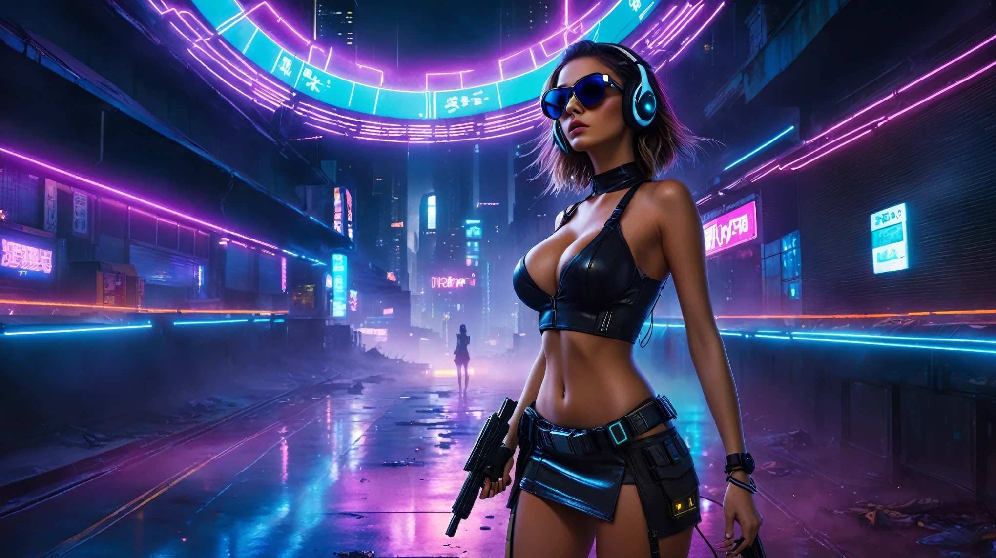 dark futuristic landscape, at night, neon lights, Atmospheric fog, large buildings in the background, futuristic city, streets with open shops, skyscraper (postapocalyptic city:1.3). (((1girl, solo, alone))), large-breast:1.2 slim body, cleavage:1.1, sexy miniskirt, (((headphone, black sunglasses, standing and holding pistol pose))), (((half-body thigh level medium shot))), cinematic lighting, lens flare, ray tracing.