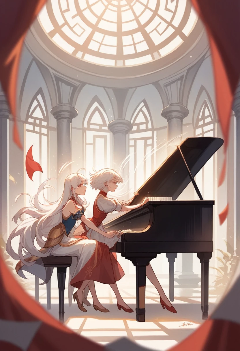 two girls, A girl holds a piano, A girl holds a lute, White hair, Fantasia Xianxia, CG social popularity, Chinese Tower, Potential floaters, Hair is scattered, motion-blur, cinematic lighting, blurry foreground, motion lines, High details, 16K, high resolution, texturized skin, super detaill