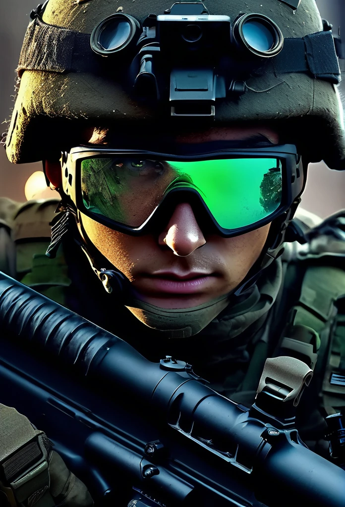 high quality, high definition images, full HD、8k.1 young man, Short brown hair in American combat uniform Wear a helmet deeply, holding a sniper rifle 、midnight city area, using a night vision goggle, pitch black The night vision light is green, Firing a gun from the rubble, 8k, HD, hyper detailed, anatomically correct