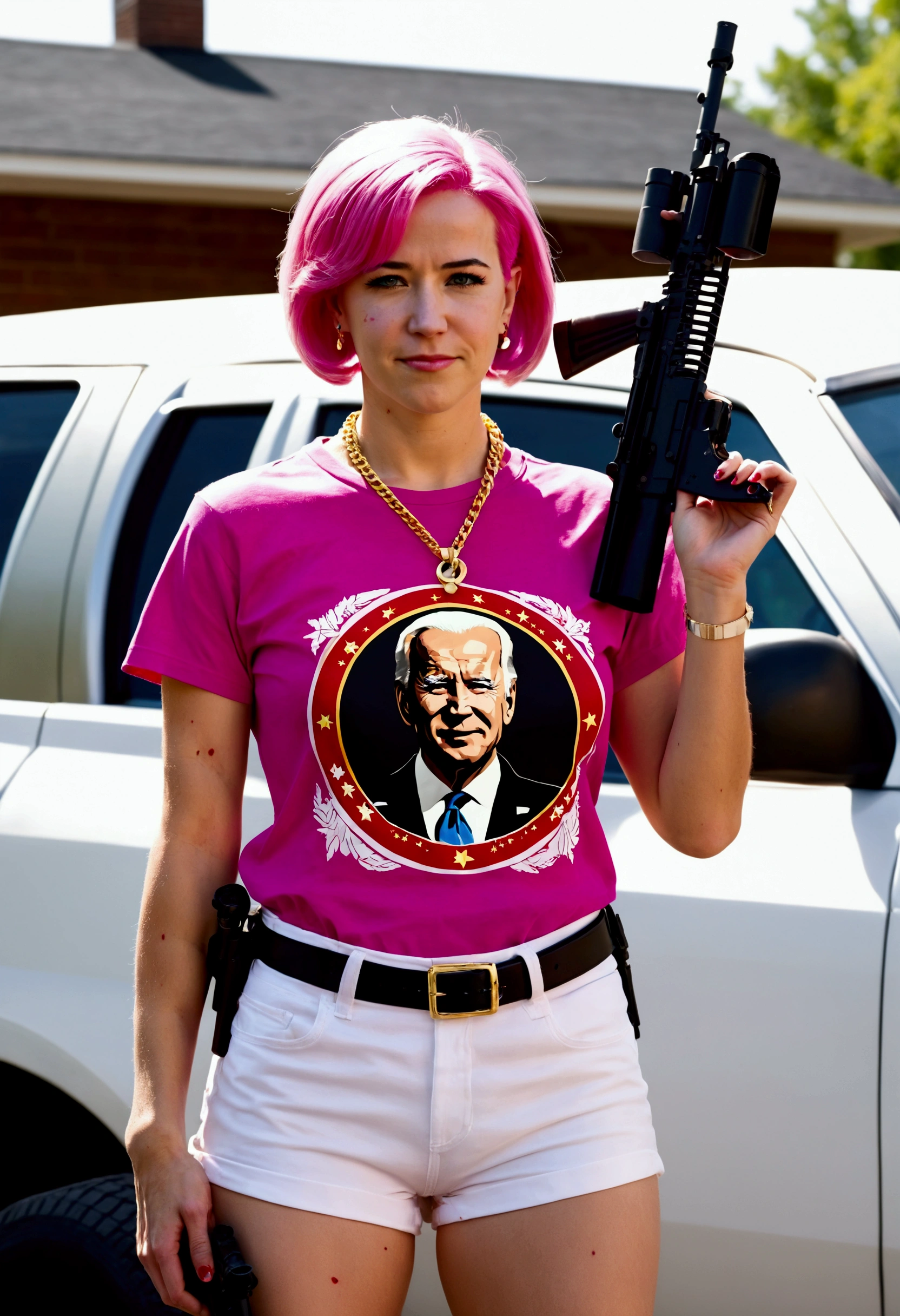 (a 20 year old femboy, short haircut, communist necklace, Joe Biden TShirt, pink panties showing over low rider pants, Sniper rifle, dead, multiple gunshot wounds) has been shot dead on a white roof, multiple bloody gunshots, Joe Biden TShirt, Joe Biden TShirt
