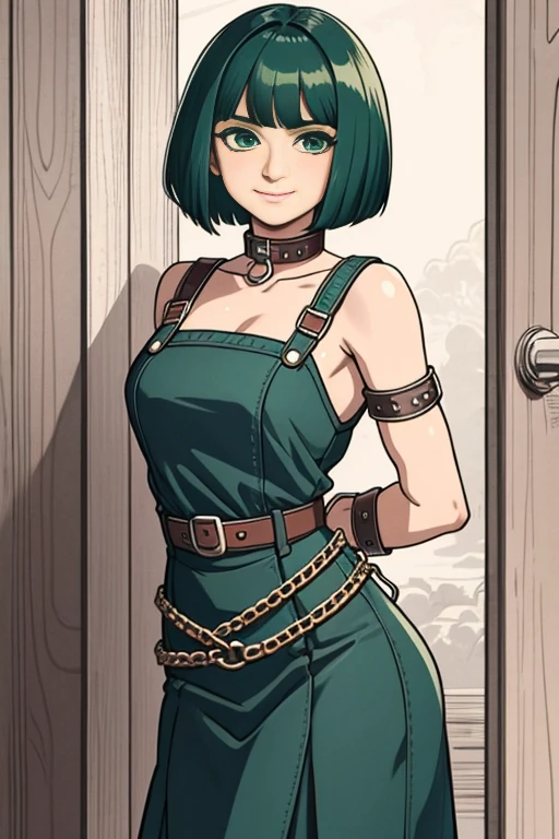 (Masterpiece, best quality, intricate details, 1girl, happy, closed mouth, green short bob haircut) iron collar, arms behind back, iron cuffs, shackles, bound, standing by wooden pole