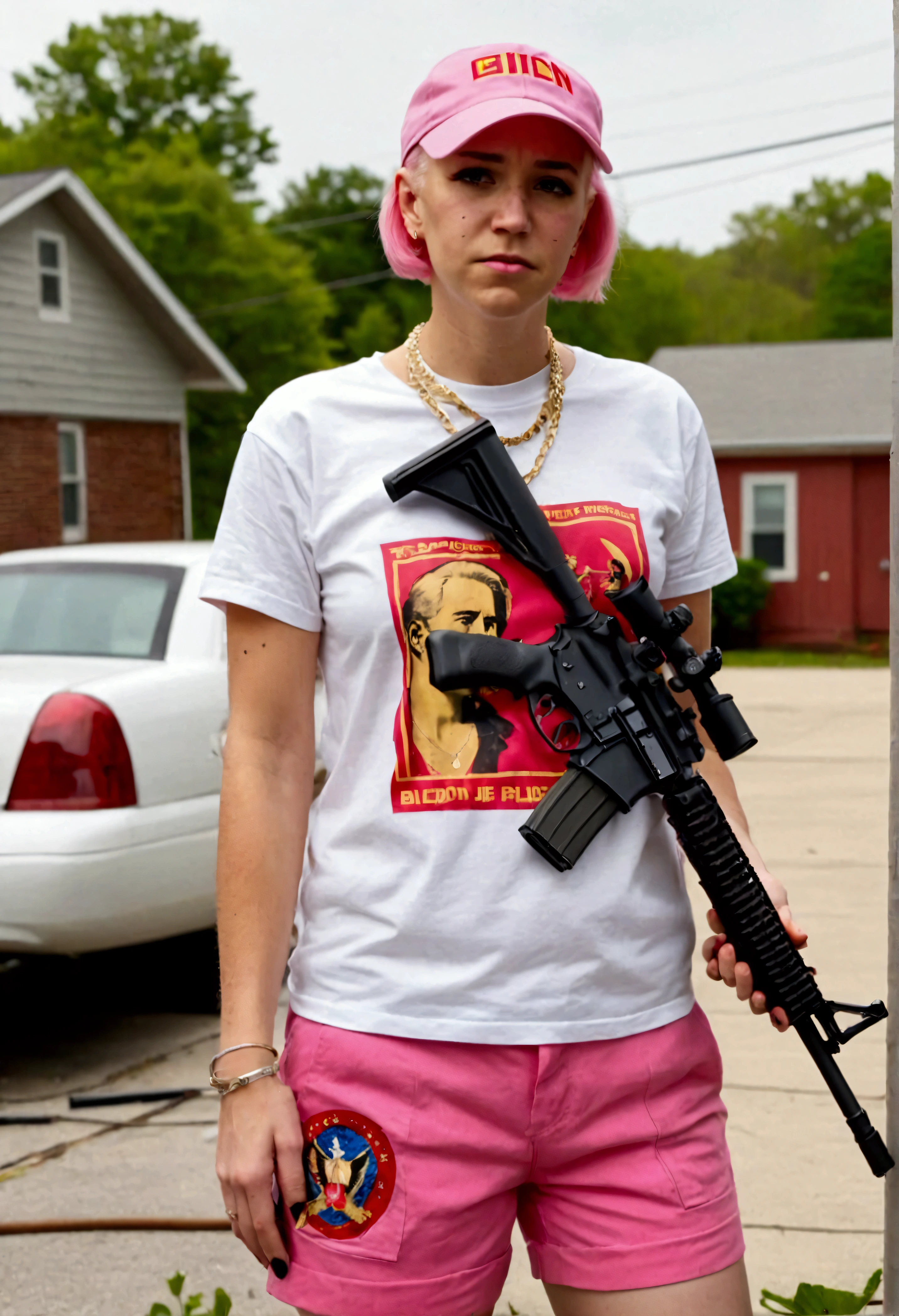 (a 20 year old femboy, short haircut, communist necklace, Joe Biden TShirt, pink panties showing over low rider pants, Sniper rifle, dead, multiple gunshot wounds) has been shot dead on a white roof, multiple bloody gunshots, Joe Biden TShirt, Joe Biden TShirt
