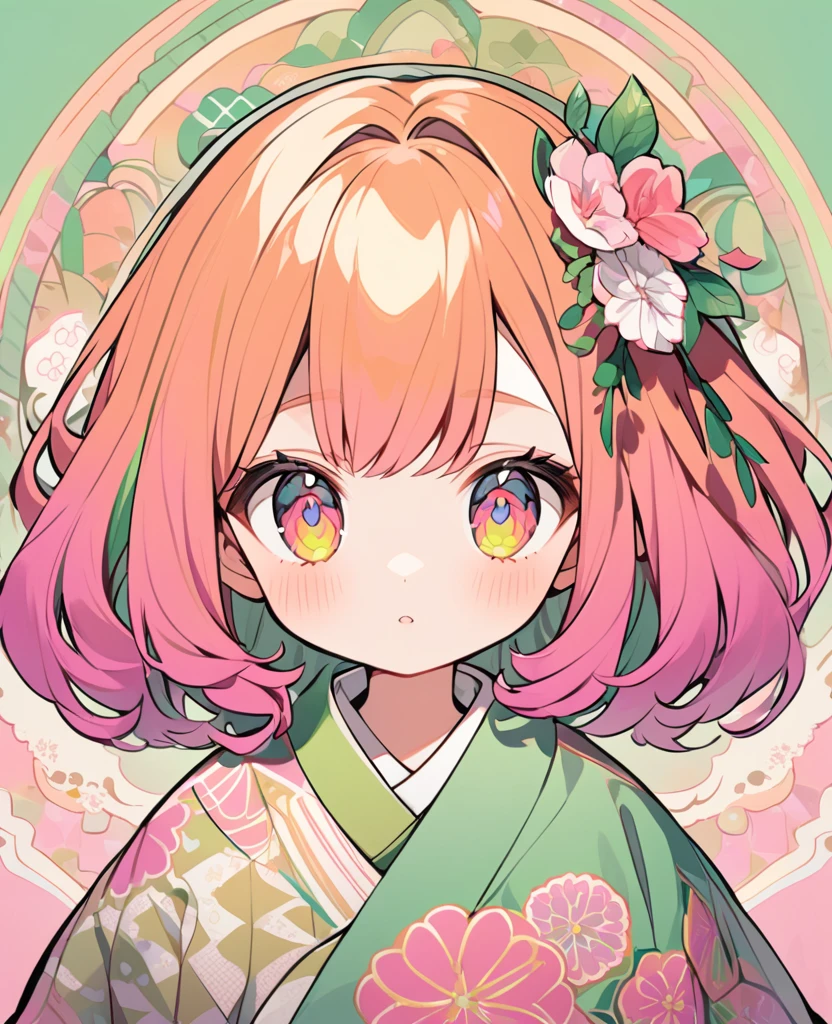 A purle haired girl with orange hair on sides , saffron couloured eyes ,in a green kimono that blended into pink at the ends , with pink patterns on green colour side and green patterns on pink coulred side