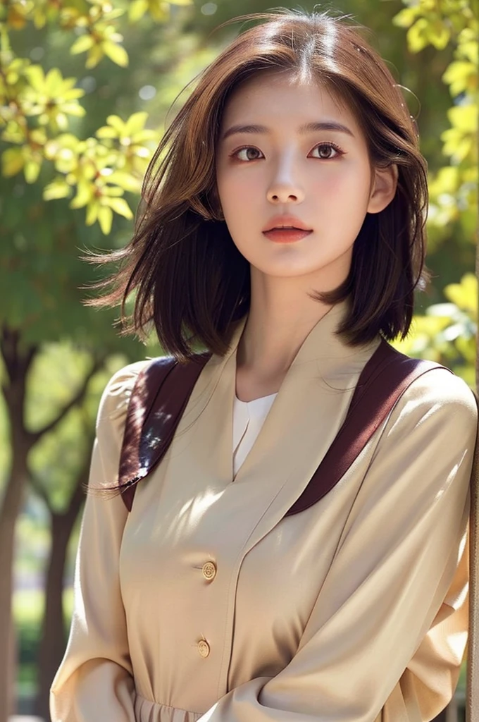 (tmasterpiece: 1.3), (8K, photograph realistic, RAW photogr, Best quality at best: 1.4), (1个Giant Breast Girl), pretty  face, (Realistic face), (brunette color hair, short detailed hair: 1.3), Beautiful hairstyle, photorealistic eye, Beautiful and delicate eyes, (Realistic skin), Beautiful skins, (Clothes random), hoang lap, carismatic, Ultra-high resolution, So surreal, high detal, the golden ratio, , Beutiful women, Neat clothing, The background  a sunny park, Looks like Japanese star Saito Asuka,