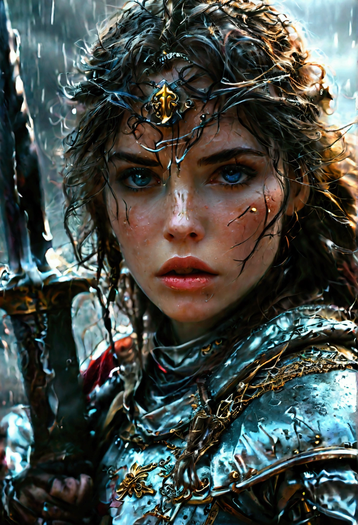 a detailed, epic, dramatic, cinematic, high fantasy fantasy scene, medieval knight, beautiful detailed eyes, beautiful detailed lips, extremely detailed eyes and face, long eyelashes, woman knight, woman warrior, woman in armor, woman soldier, woman fighter, sword in hand, sword raised, on a dark battlefield, dark stormy sky, lightning, dark clouds, rain, mist, fog, moody lighting, dramatic shadows, high contrast, glowing sword, intense colors, vibrant colors, cinematic composition, ultra-detailed, (best quality,4k,8k,highres,masterpiece:1.2),ultra-detailed,(realistic,photorealistic,photo-realistic:1.37), digital painting, fantasy art, concept art, dark fantasy, epic fantasy, dramatic fantasy