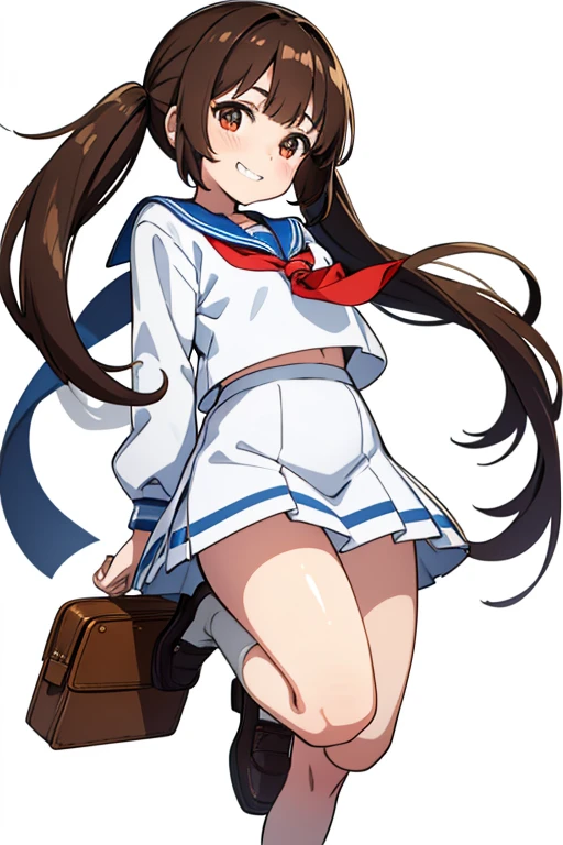 one woman, Full body shot, deep brown hair, low twin tails, deep brown eyes, white skin, 15 years old, young female,Grin, high school girl, , sailor suit, slim, looking at viewer, white background