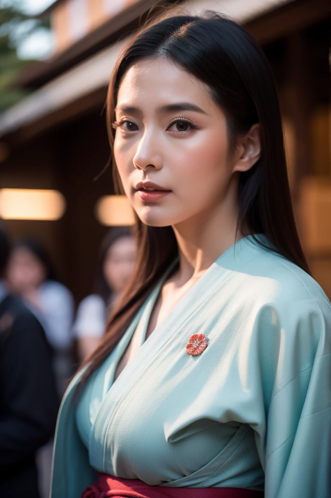 Surrealism, High detail, Cinema Lighting, Ray Tracing, viewing angle, Eye-level shot, Hyper HD, masterpiece, Textured skin, 4K, Highest quality, Beautiful woman in kimono, Background of the Danjiri Festival in Kishiwada, Osaka Prefecture, Japan、A glamorous atmosphere、Prompt Crying、