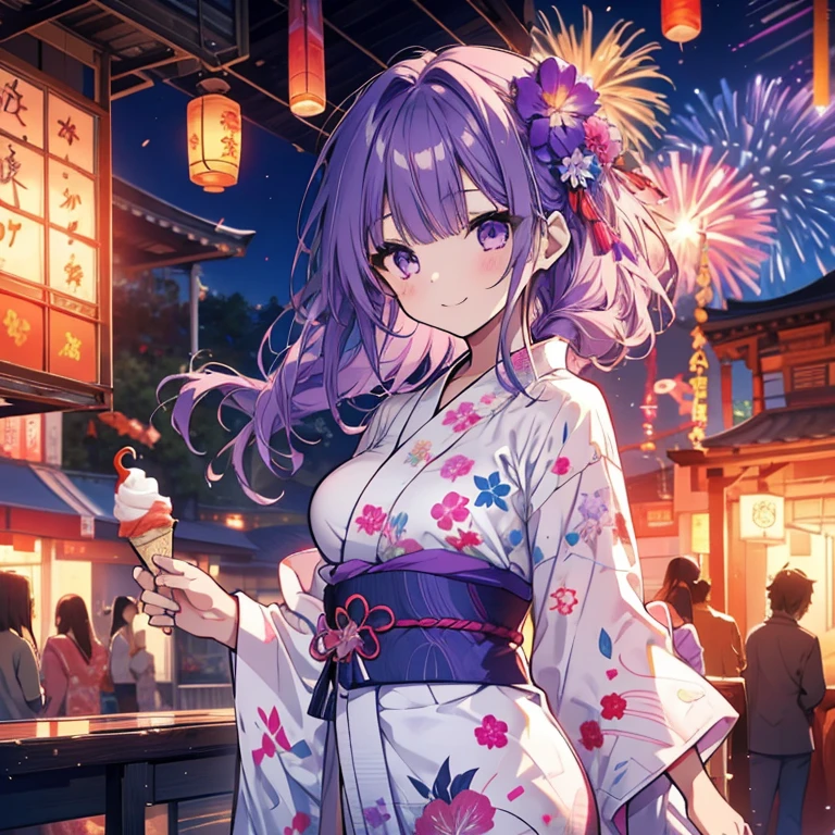1 girl、Mature、Ample breasts、Long Hair、Purple Hair、yukata、蝶の模様のyukata、Having ice cream、Goldfish Dancing、night、firework、fair、A seductive smile、High resolution、Highest quality