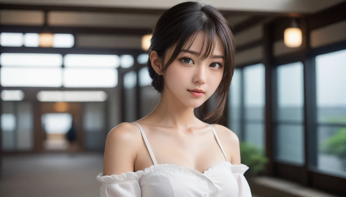 8k, Ultra-high resolution, Highest quality, masterpiece, 三分割法によるphotograph,Surreal, photograph, 1 Girl, (:1.3), pretty girl, Cute Face, Beautiful eyes in every detail, 細かくdetailedに,masterpiece,One Girl:1.2, Japan Female Announcer,close up,disgust,Black Hair,Messy hair,Station platform,風景photograph,Clean and modest clothing,Natural Makeup,Realistic Skin, Perfect and beautiful face ,完璧でCute Face, Skin with attention to detail, Perfect limbs、Narrow waist、Thin legs),Looking at the audience、beauty,Long neck、(((Ideal body type))),A cup small breasts :2,Portraiture:2,Perfect Anatomy,鮮明なdetailed,detailed,Surreal,Light and shadow,dappled sunlight